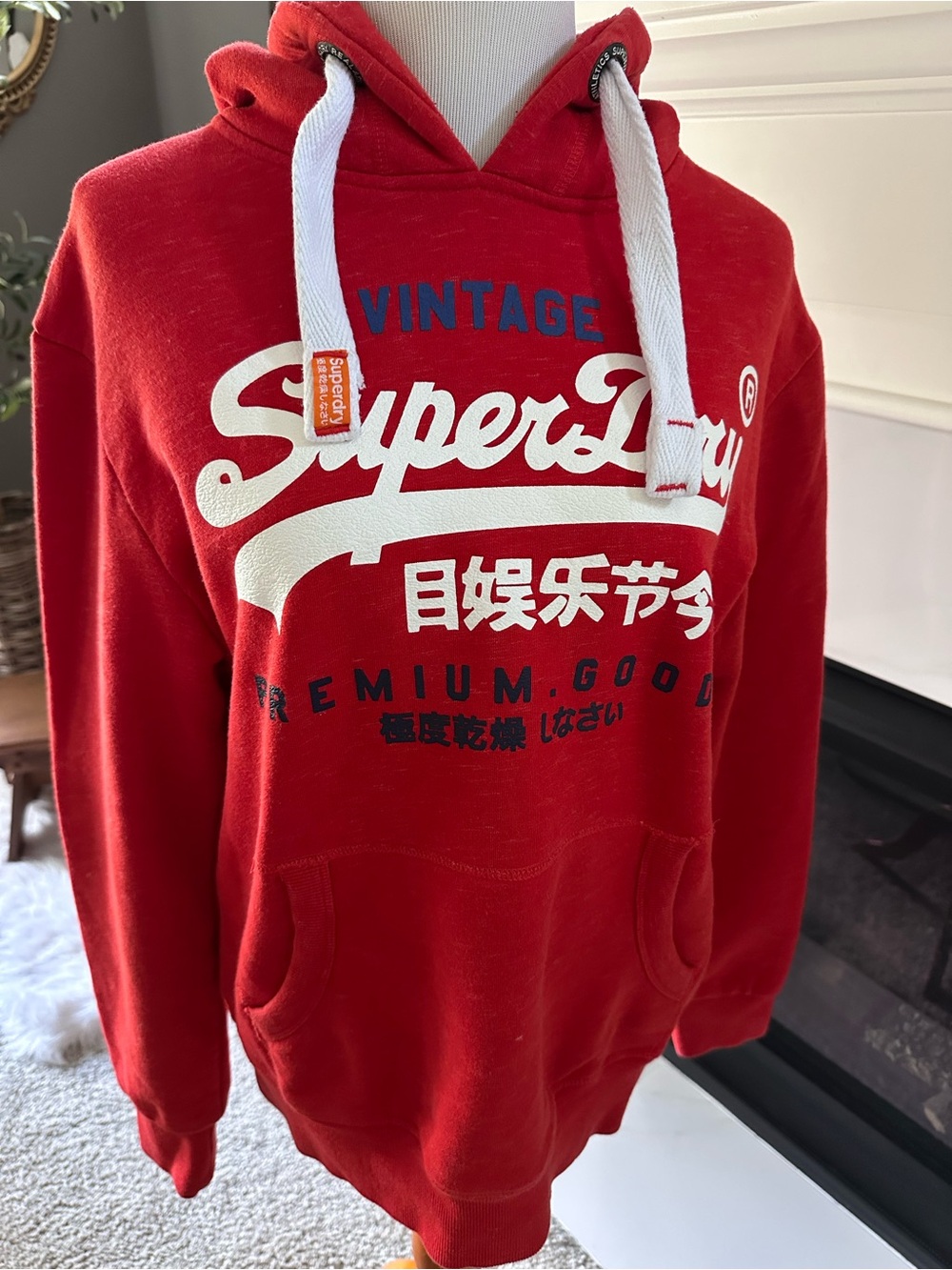 Vintage SuperDry Hoodie Sweatshirt- Red With White Flecks - Heavyweight!